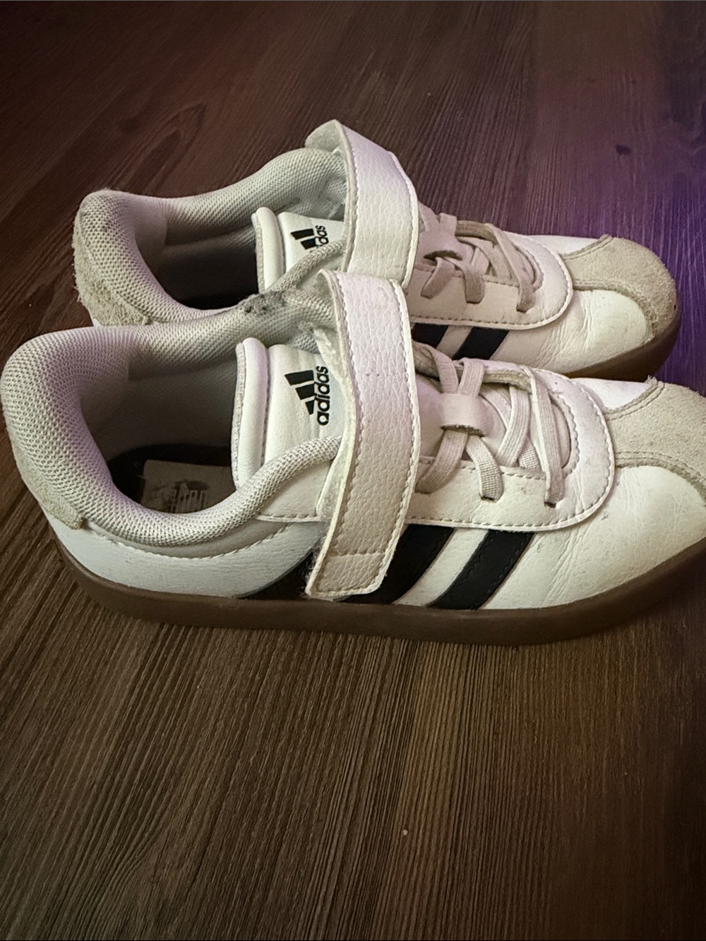 adidas Kids White Sneakers with Black Stripes and Gum Sole